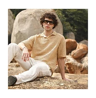 Campus Sutra Men's Buff Beige Lozenge Oversized Polo T-Shirt