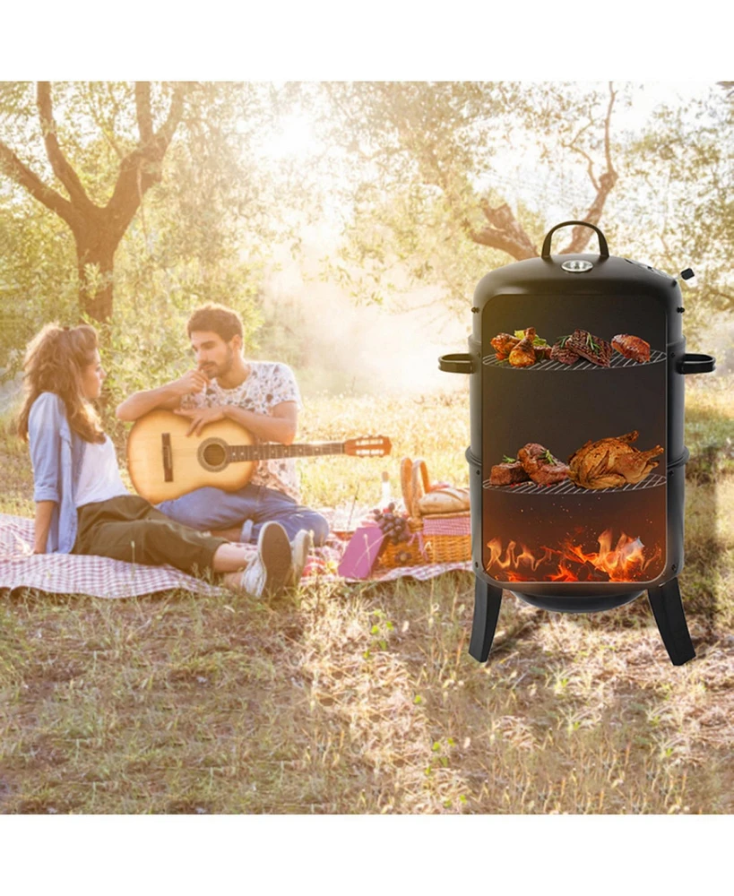Outdoor double-layer grill, charcoal wood fired braising and smoking stove