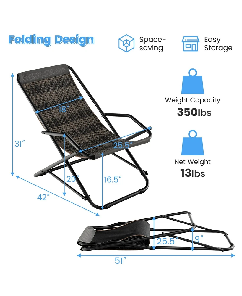 2 Pcs Patio Folding Rattan Sling Chair Rocking Lounge Chaise Armrest Garden