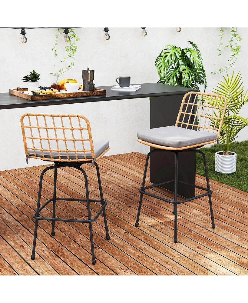 Gymax Patio 360° Swivel Bar Stools Set of 2 w/Backrests & Footrests Soft Seat Cushions