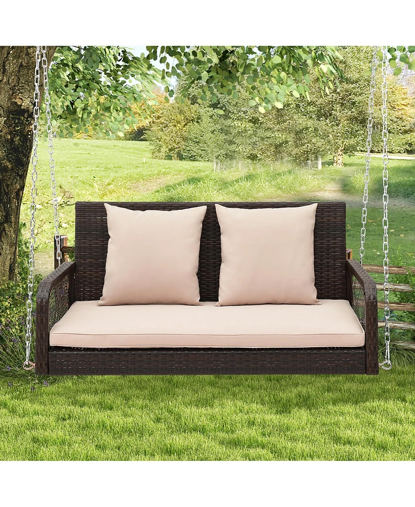 Gymax Wicker Outdoor Porch Swing 800 Lbs Capacity Outdoor Swing Bench w/ Hanging Chains