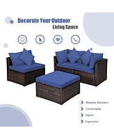 Gymax 4PCS Rattan Patio Conversation Furniture Set Yard Outdoor w/ Navy Cushion