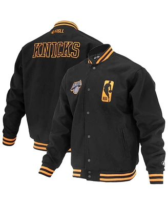 Fisll Men's and Women's Black New York Knicks Logo Man Shadow Collection Full-Snap Varsity Jacket