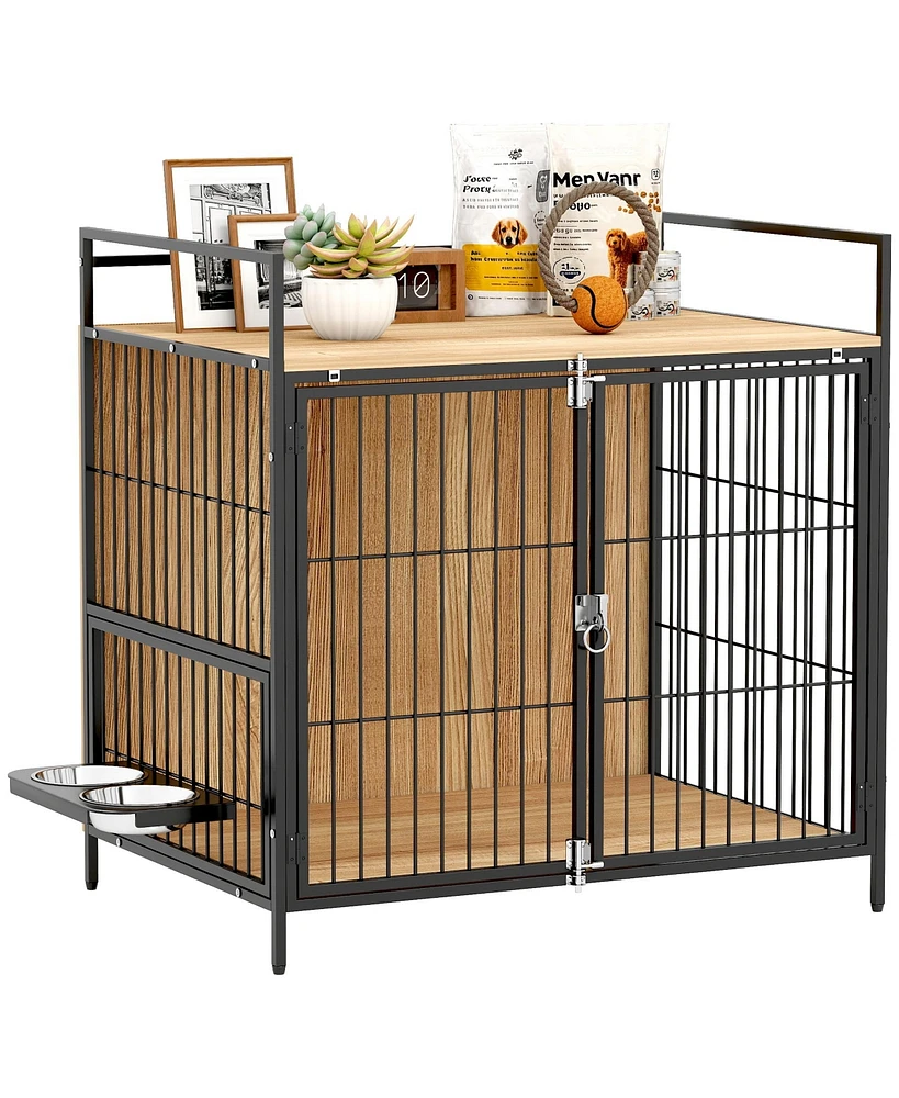 PawHut Dog Crate Furniture 30 in Dog Kennel Table with Rotatable Bowls,