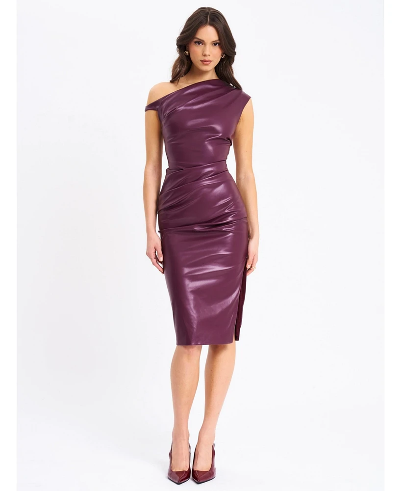 Miss Circle Women's Sabina Purple Leather Slash Neck Midi Dress