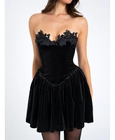 Miss Circle Women's Nora Black Velvet Drop Waist Corset Puffy Mini Dress with Lace Trim