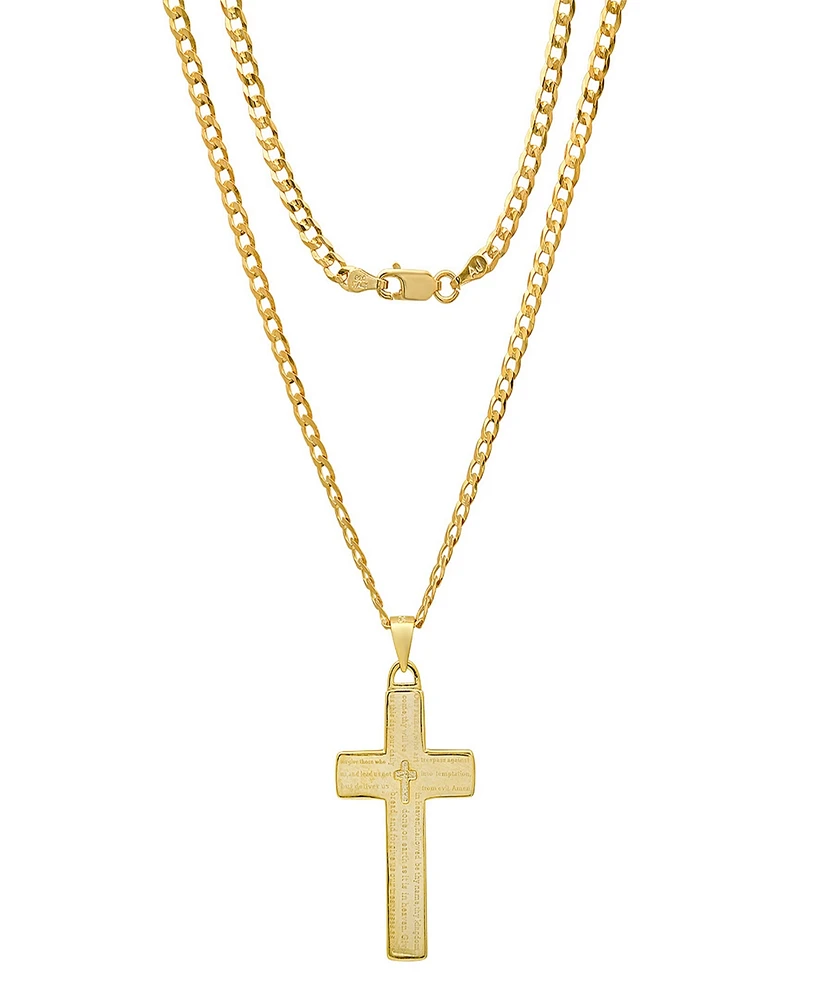 Steeltime Unisex 14K Gold Plated Sterling Silver Cuban Super Flat Chain and Lord's Prayer Cross Pendant Bracelet