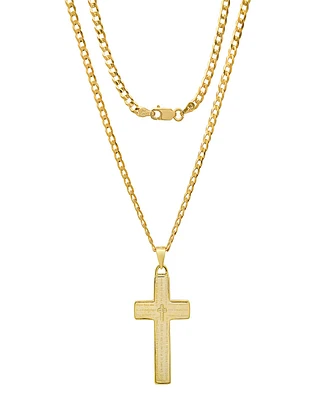 Steeltime Unisex 14K Gold Plated Sterling Silver Cuban Super Flat Chain and Lord's Prayer Cross Pendant Bracelet