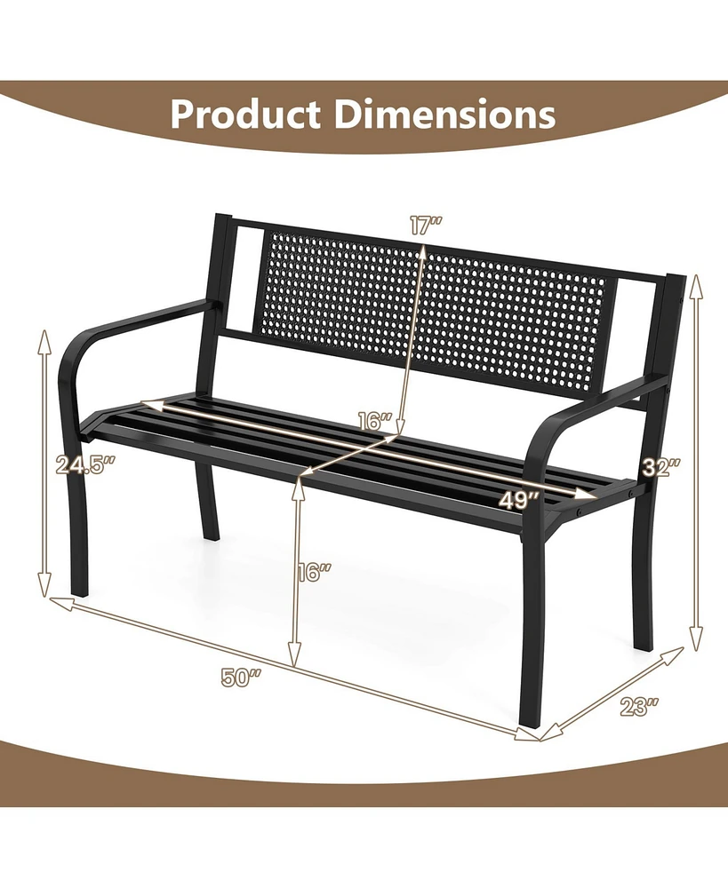 Garden Bench with Patterned Backrest and Curved Armrests