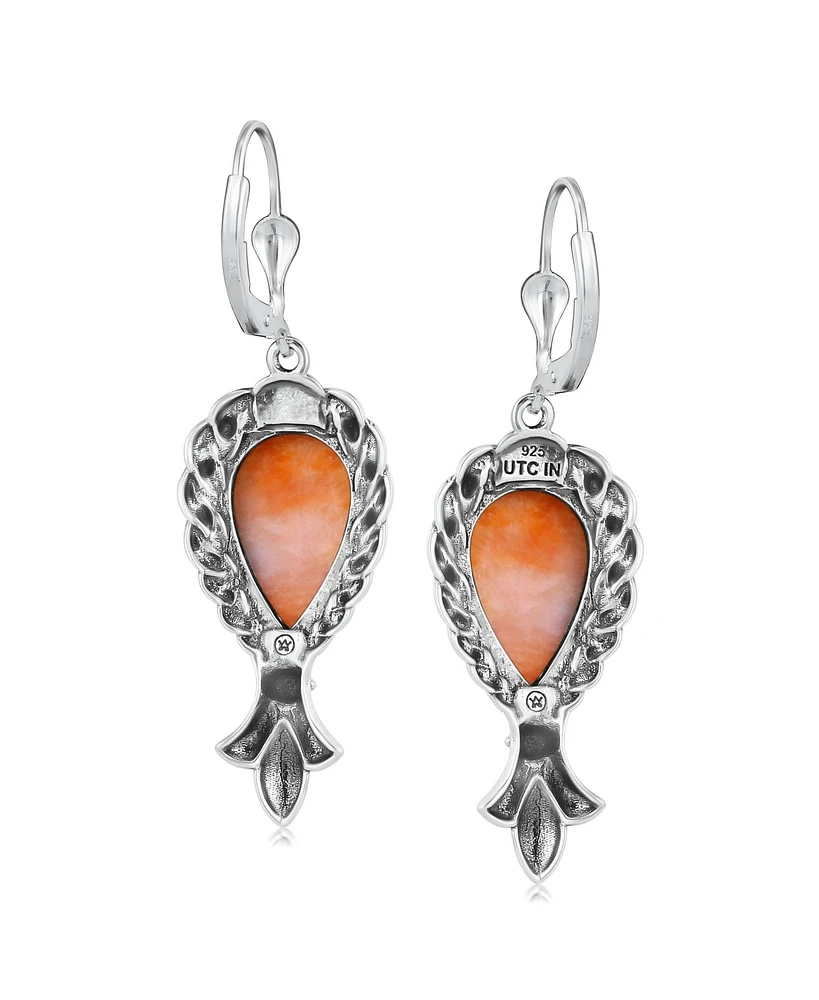American West Jewelry Sterling Silver Orange Spiny Oyster Pear Gemstone Squash Blossom Lever Back Earrings