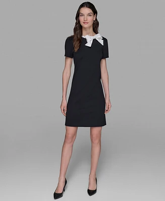 Karl Lagerfeld Paris Women's Scuba Crepe Short Sleeve Bow Detail A-line Dress