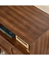 Small Cabinet with Usb Charging Ports & Outlet Hole & 4 Solid Wood Legs