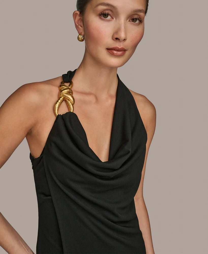 Donna Karan New York Women's Jersey Asymmetrical Cowl-Neck Hardware Dress