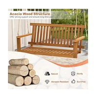 2-Seat Acacia Wood Porch Swing Bench with 2 Hanging Hemp Ropes
