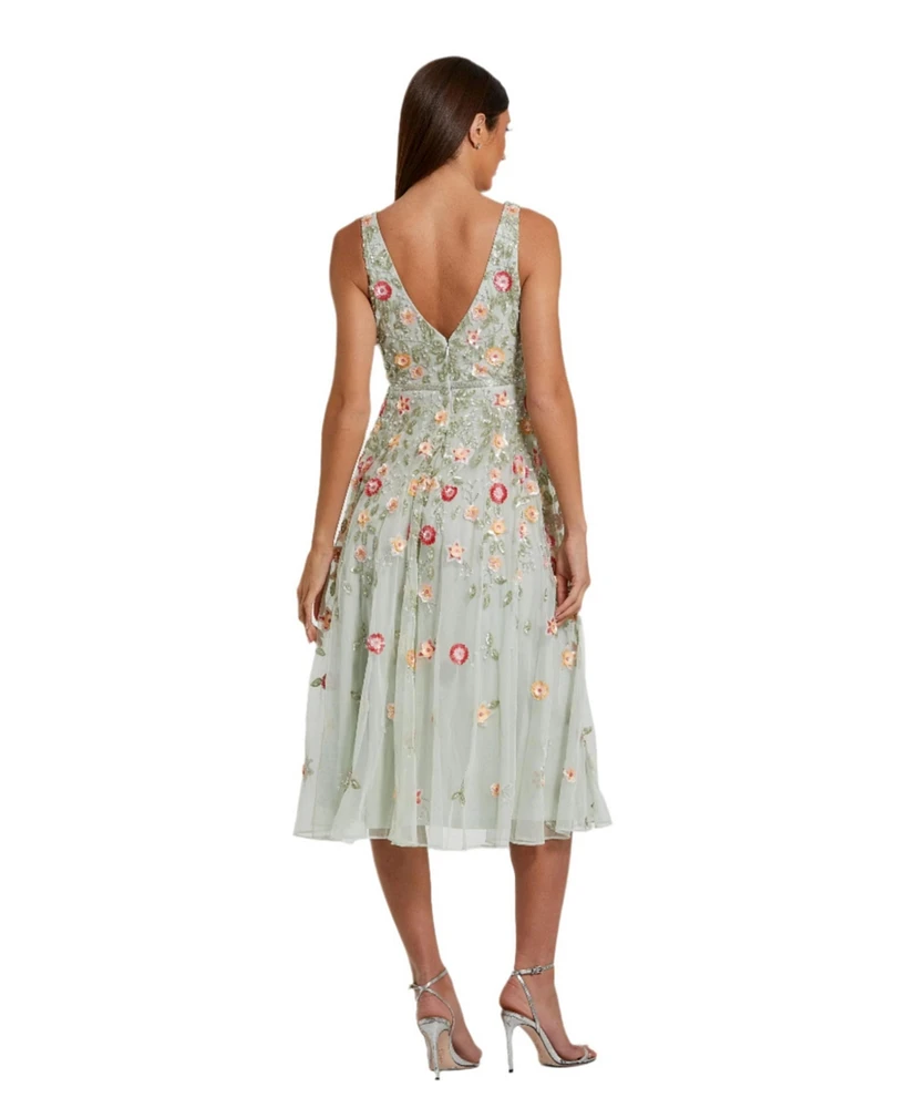Mac Duggal Women's Deep V-Neck Embroidered Midi Dress