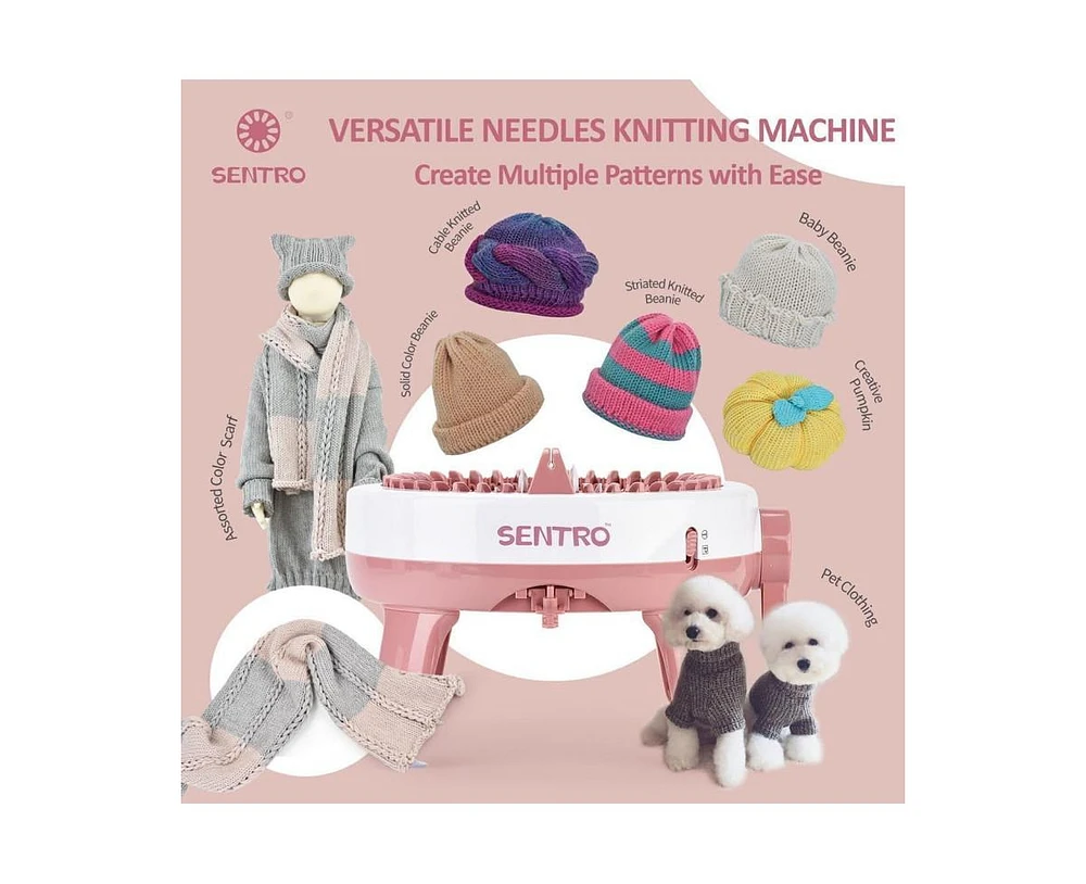 Sentro 40-Needle Knitting Machine - Pink | Make Scarves, Hats, Socks Fast | Includes Flat/Tube Key, Easy for Beginners & Kids