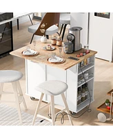 Casainc Kitchen Island with Drop Leaf, Power Outlet, Rubber Wood Top, Rack, Open Storage, Adjustable Shelves (No Stools)