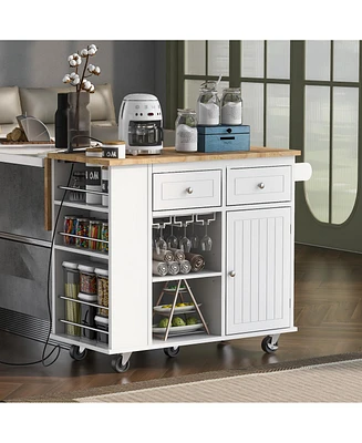 Casainc Kitchen Island with Drop Leaf, Power Outlet, Rubber Wood Top, Rack, Open Storage, Adjustable Shelves (No Stools)