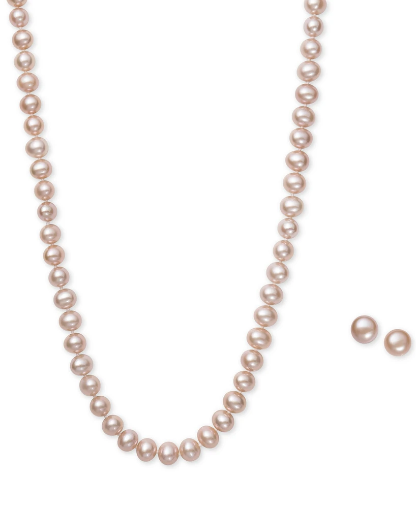 White Cultured Freshwater Pearl (6mm) Necklace and Matching Stud (7-1/2mm) Earrings Set Sterling Silver