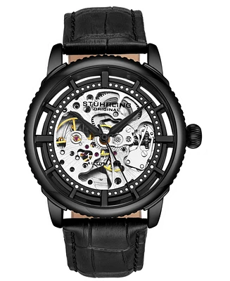 Men's Black Alligator Embossed Genuine Leather Strap Watch 42mm