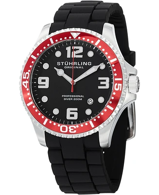 Stuhrling Original Stainless Steel Case on Black High Grade Silicone Rubber Interchangeable Strap With Additional Red Silicone Rubber Strap, Red Bezel
