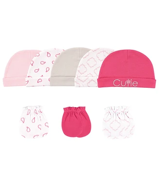 Luvable Friends Baby Girls Cotton Caps and Scratch Mittens 8pk, Cutie