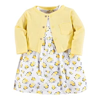Luvable Friends Toddler Girls Dress and Cardigan 2pc Set, Yellow Floral