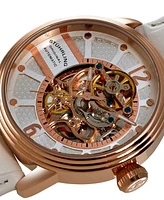 Stuhrling Stainless Steel Rose Tone Case on White Perforated Alligator Embossed Genuine Leather Strap with Gray Contrast Stitching, Silver Skeletonize
