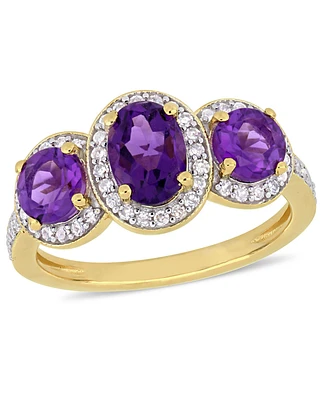 Amethyst (1-5/8 ct.t.w.) and Diamond (1/3 3-Stone Halo Ring 18k Yellow Gold over Sterling Silver