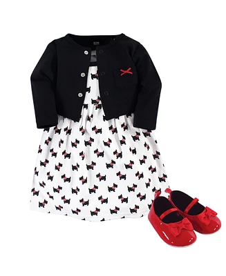 Hudson Baby Baby Girls Hudson Cotton Dress, Cardigan and Shoe 3pc Set, Scottie Dog, 6-9 Months