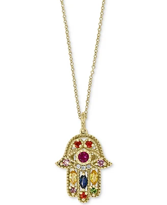 Effy Multi-Gemstone (5/8 ct. t.w.) & Diamond Accent Hamsa Hand 18" Pendant Necklace in 14k Gold