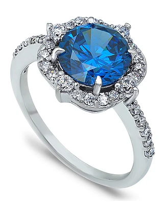 Tanzanite Cubic Zirconia Fancy Halo Ring Silver Plate