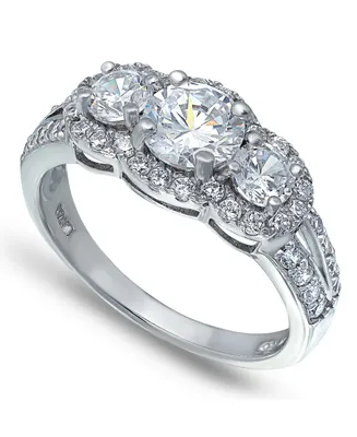 Cubic Zirconia Round 3 Stone Halo Ring Silver Plate