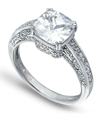 Cubic Zirconia Cushion Stone Ring with Fancy Pave Gallery Silver Plate