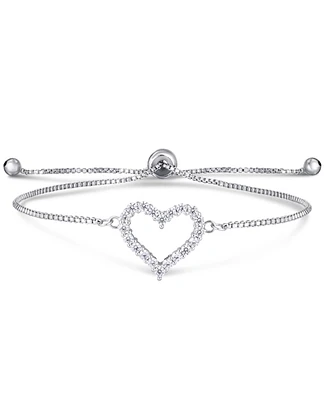 Cubic Zirconia Heart Adjustable Slider Bolo Bracelet in Silver Plate
