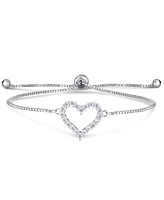 Cubic Zirconia Heart Adjustable Slider Bolo Bracelet in Silver Plate
