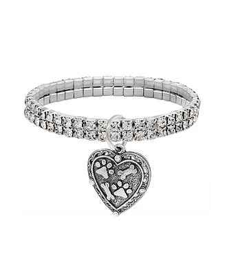 2028 Silver-Tone Two Row Crystal Stretch Bracelet with Paw and Bones Heart Charm
