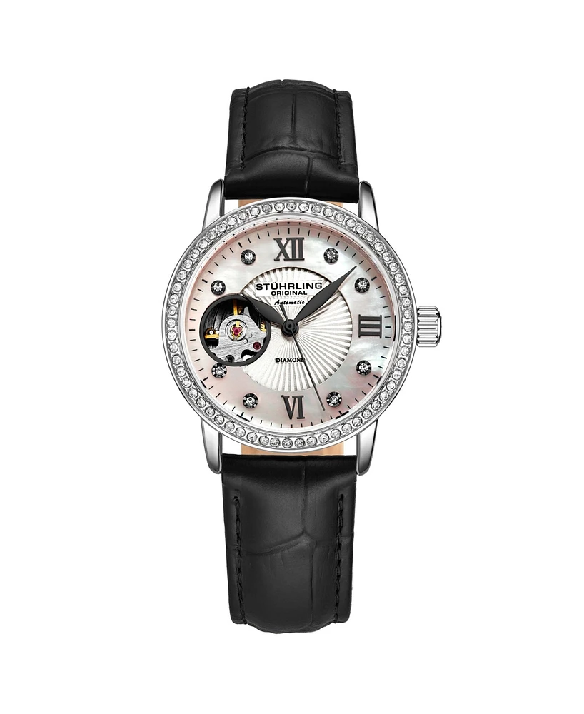 Stuhrling Women's Black Leather Strap Watch 34mm