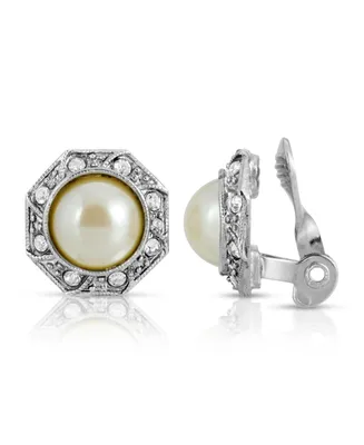 2028 Gold Tone Imitation Pearl Crystal Round Button Clip Earring