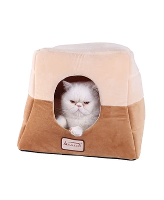 Armarkat 2-In-1 Cat Bed Cave Shape And Cuddle Pet Bed, Brown/Beige - Waterproof Base, Soft Velvet Covering