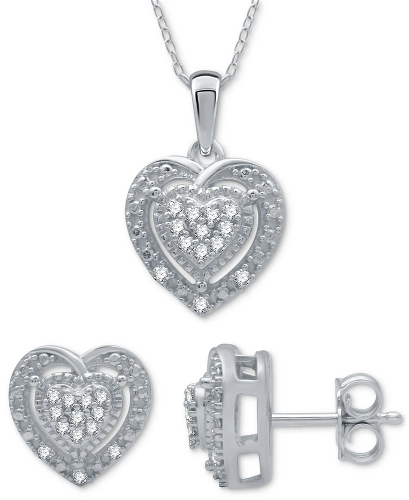 2-Pc. Set Diamond Heart Cluster Pendant Necklace & Matching Stud Earrings (1/6 ct. t.w.) in Sterling Silver