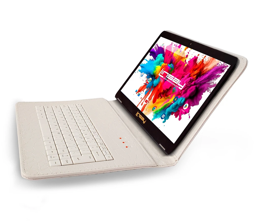 Linsay New 10.1" Tablet Octa Core 128GB Bundle with Exclusive Luxury White Crocodile Style Keyboard Newest Android 14