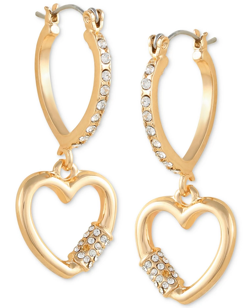 Guess Gold-Tone Pave Hoop Earring with Heart Charm 1 ½"