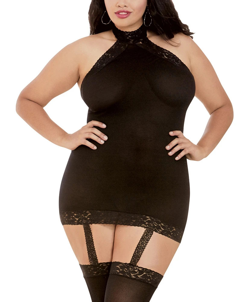 Dreamgirl Women's Plus Sheer Halter Garter Dress with Attached Garters and Stockings Lingerie Set