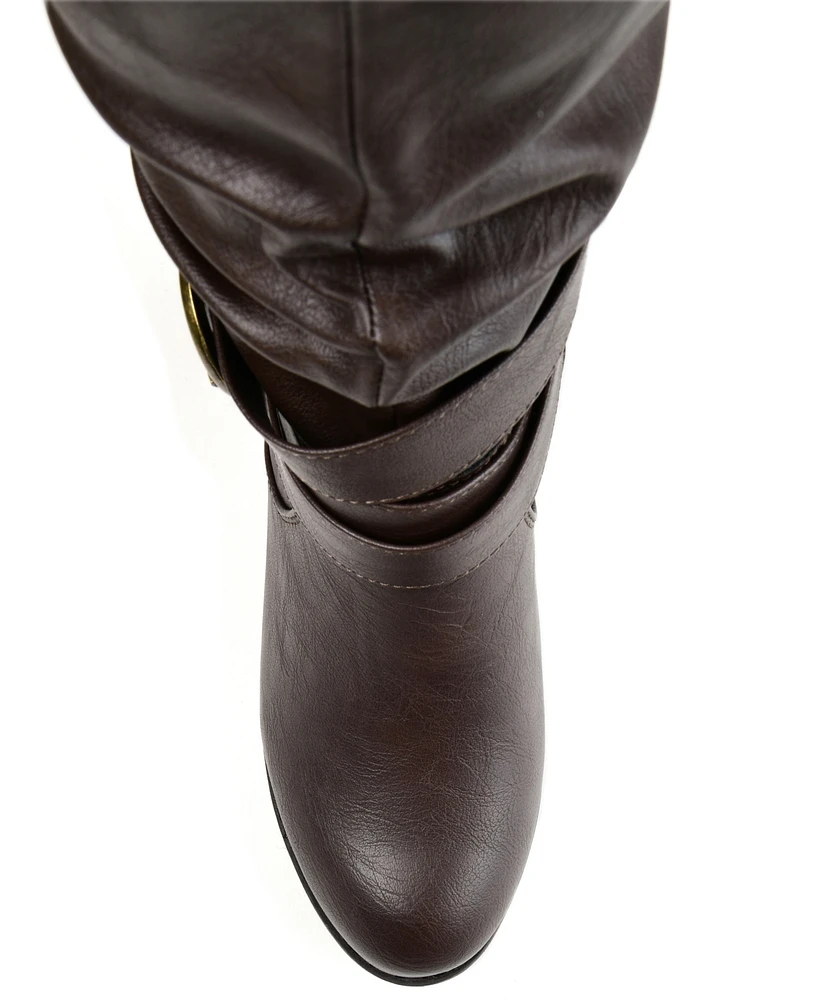 Journee Collection Women's Late Wide Calf Rouched Buckle Mid Shaft Block Heel Boots