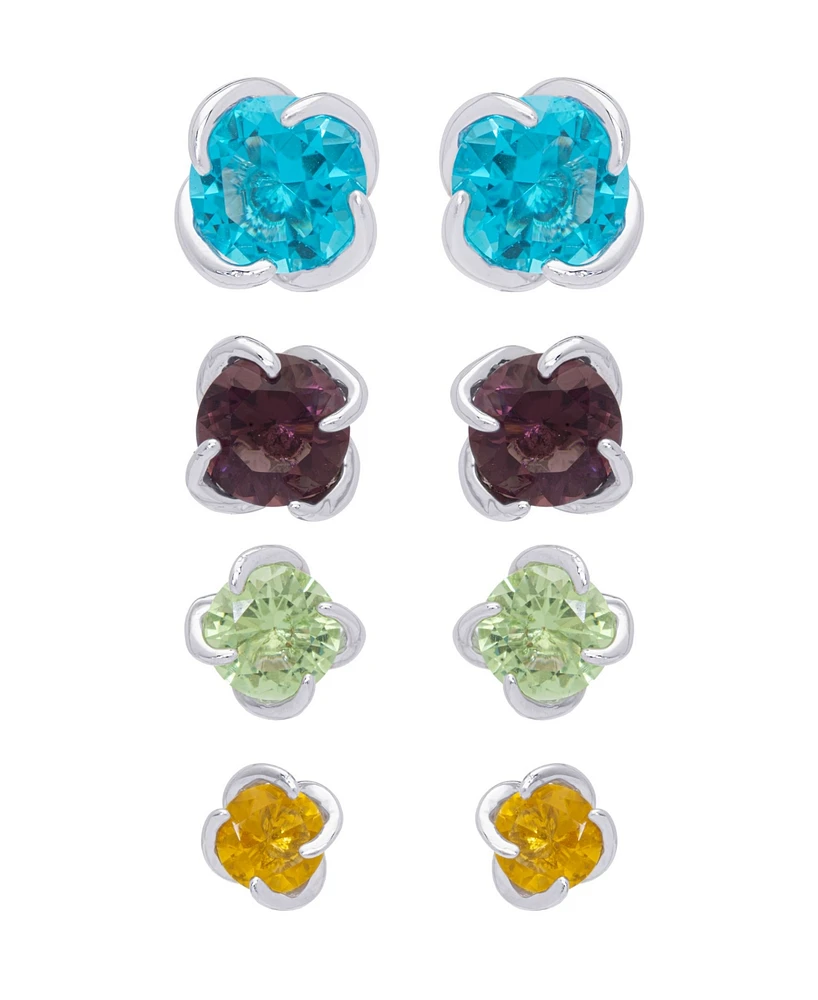 Multi-Color Round Stud Silver Plate Earrings, Set of 4
