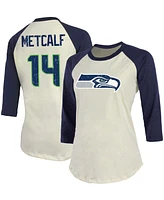 Women's Dk Metcalf Cream, Navy Seattle Seahawks Player Raglan Name Number 3/4 Sleeve T-shirt