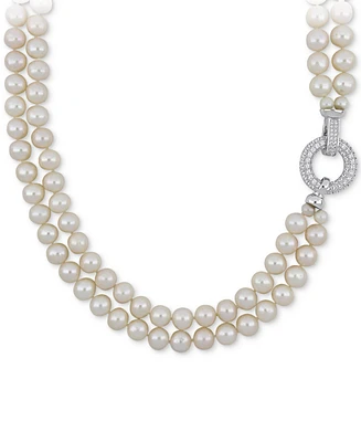 Cultured Freshwater Pearl (7 - 8mm) & Cubic Zirconia Double Strand 17" Collar Necklace