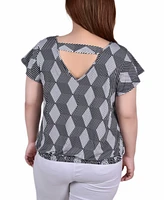 Plus Short Flutter Sleeve Top with Studded Neckline