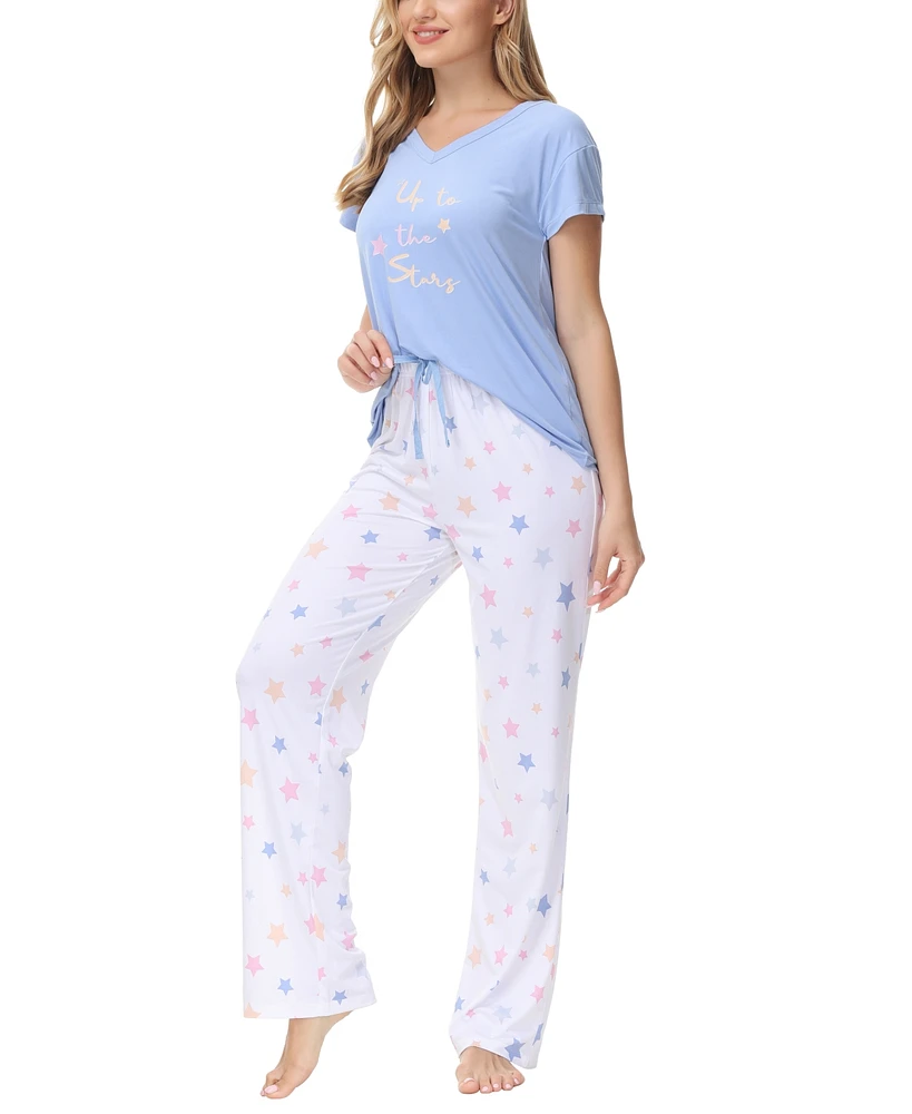 Ink Ivy Women's Knit V Neck Short Sleeve Top with Lounge Pant, Set of 2